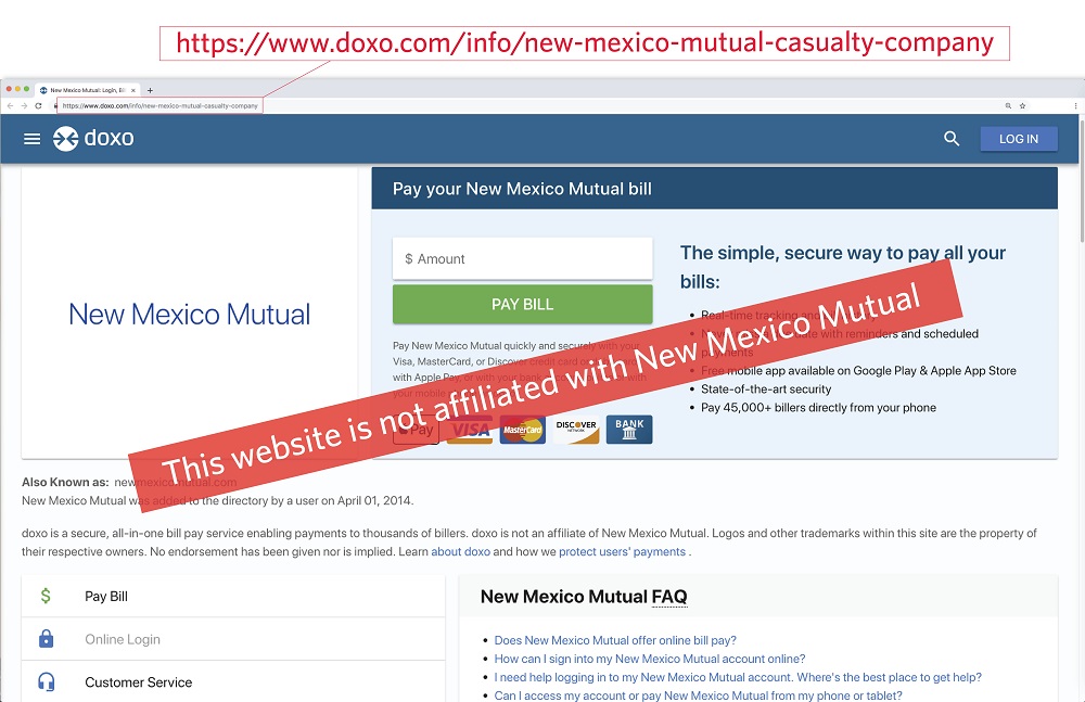 Doxo website warning screenshot
